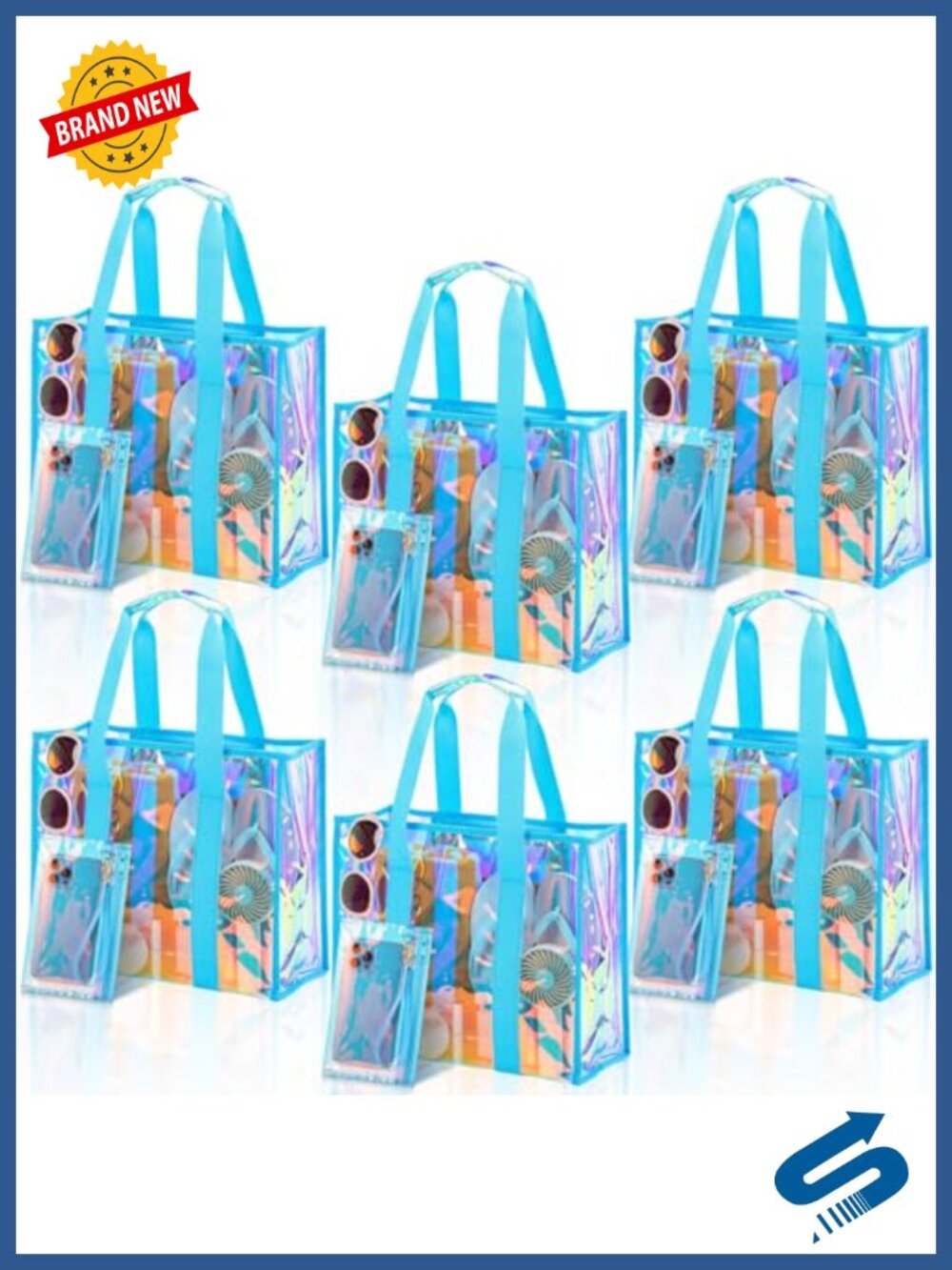 Set of 6 Clear Iridescent Tote Bags with Phone Pouch Waterproof PVC Beach Bag